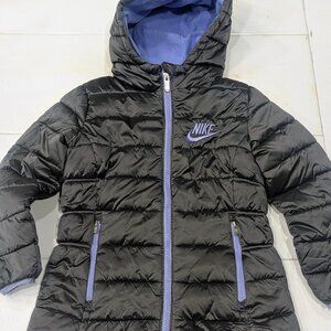 Nike Girls Puffer Jacket Size Small 4-5Y Gray Purple Fleece Lined Stadium Parka